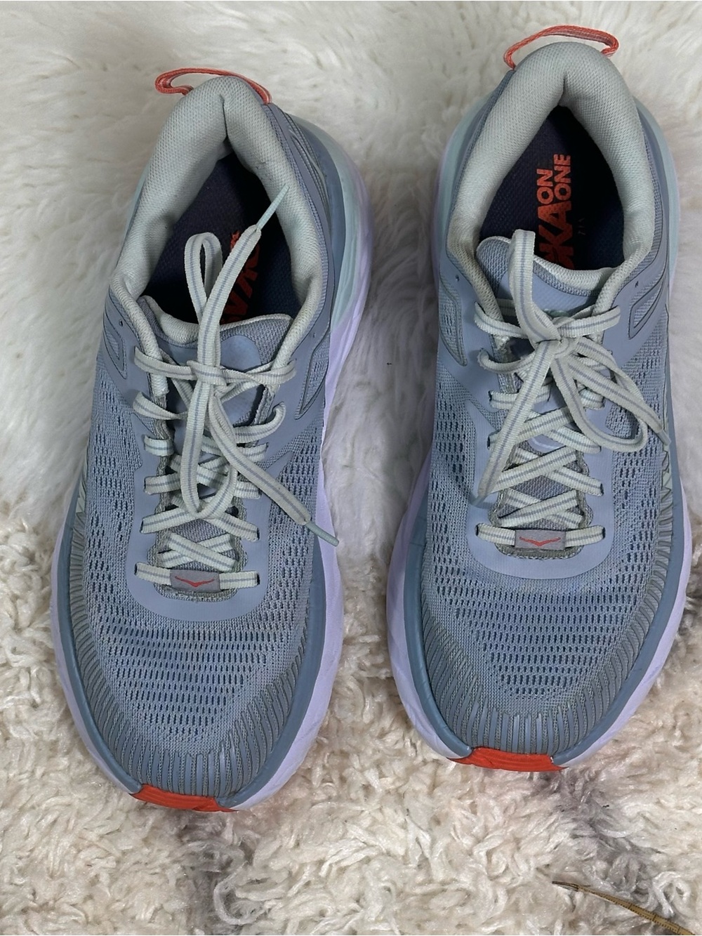 Hoka One One BONDI 7  Light Gray Running Shoes with Coral Accents